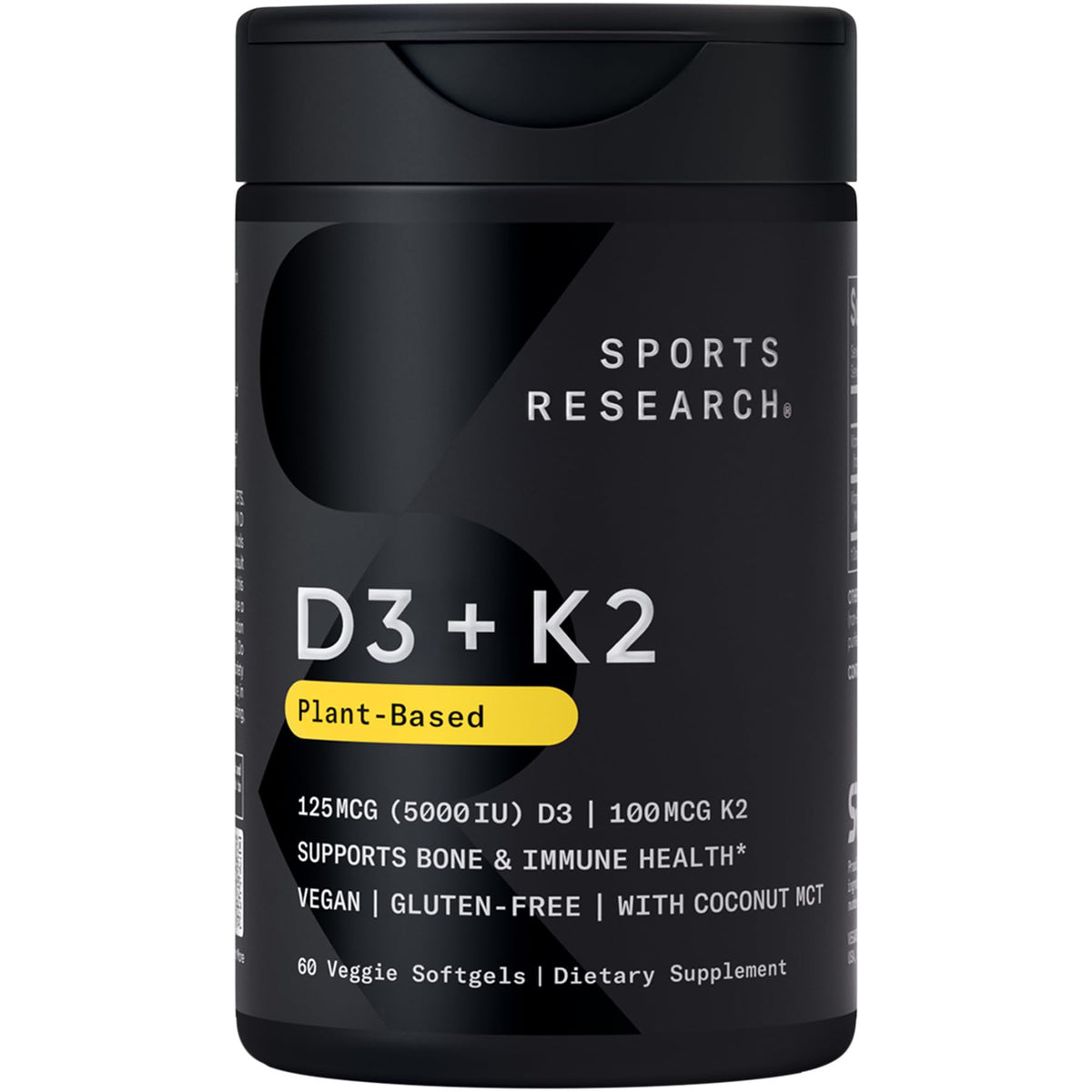 Sports Research® Vitamin D3 + K2 w/ Coconut Oil - Vegan Vitamin D 5000iu & Mk7 Vitamin K 100mcg for Bone & Immune Support - Vegan Certified · Non-GMO · Soy Free - 60 Softgels - Maple Wellness Supplements