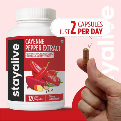 STAY ALIVE Cayenne Pepper Capsules, 6-in-1 Capsicum Blend w/Ginger, Garlic, Turmeric, Beet Root, and Black Pepper Extract, 120 Cayenne Capsules, - Maple Wellness Supplements
