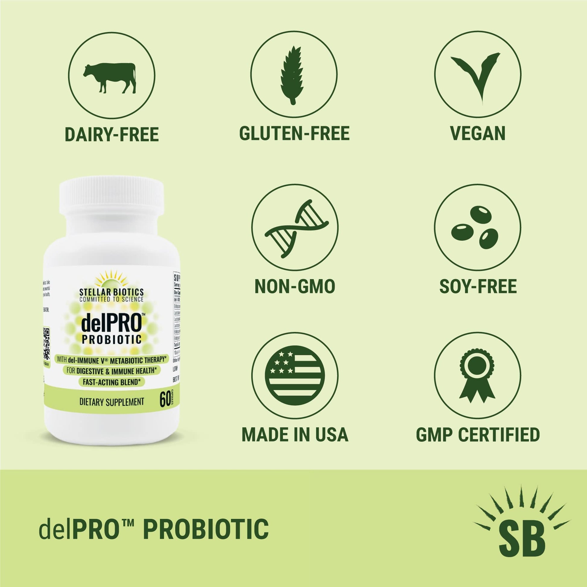 Stellar Biotics - Delpro Probiotic (+ Del-Immune V & Prebiotic Blend) Promotes Optimal Gut Health, Digestion, Immune Support & Mood (60 Capsules) - Maple Wellness Supplements