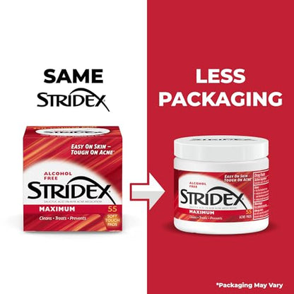 Stridex Medicated Acne Pads, Maximum, 55 Count – Facial Cleansing Wipes, Alcohol Free - Maple Wellness Supplements