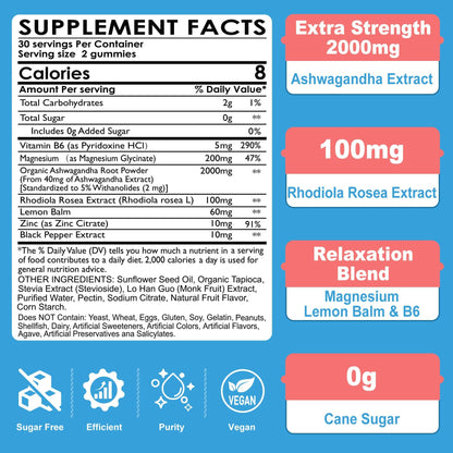 Sugar Free Ashwagandha Gummies - with Magnesium Glycinate, Rhodiola Rosea, Zinc, Lemon Balm, B6 - Relaxation Support, Natural Zzz, Stamina, Energy for Men Women - 60 Counts - Maple Wellness Supplements