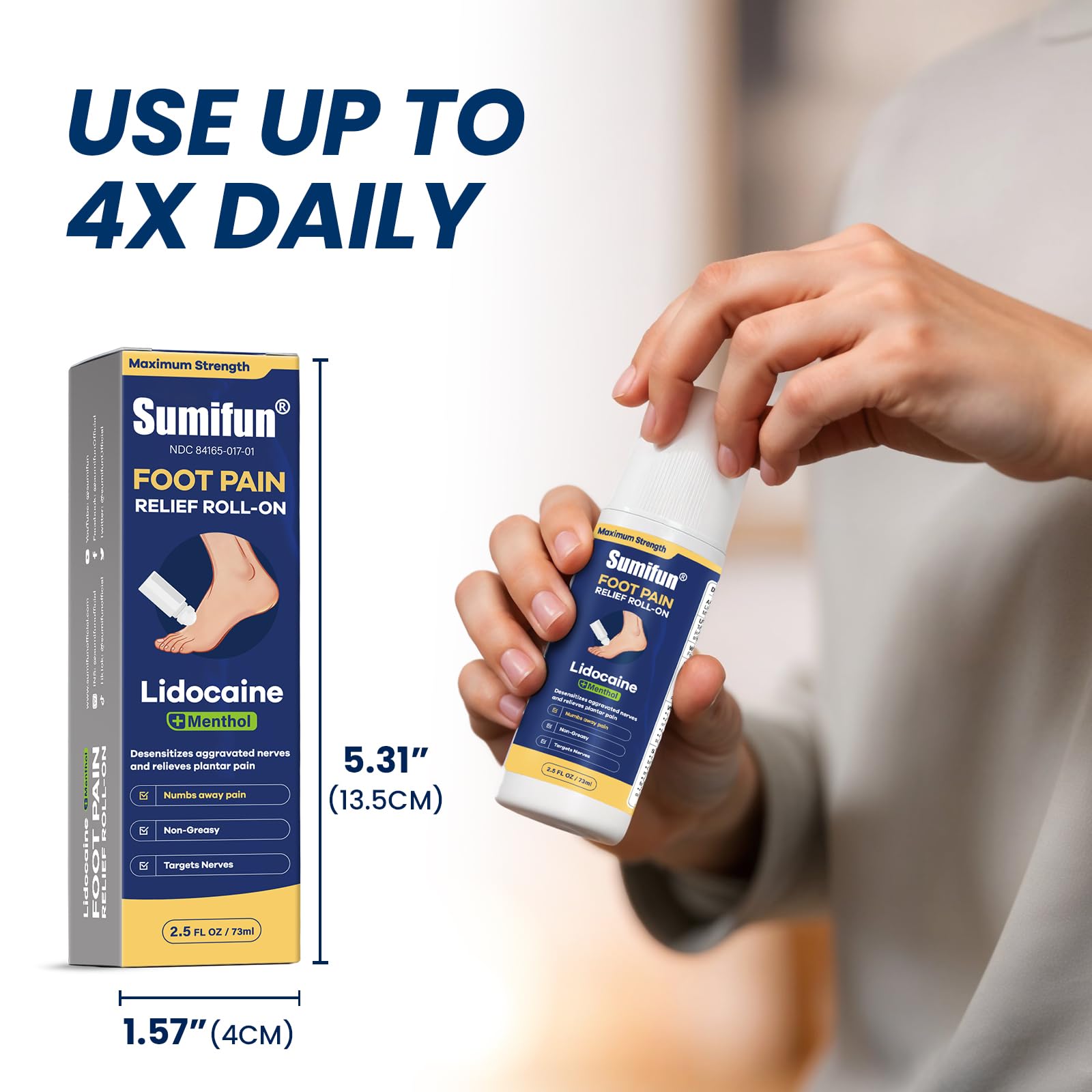 Sumifun Foot Pain Relief Lidocaine Roll-On - Maximum Strength OTC for Plantar Fasciitis & Heel Pain - Fast-Drying, Non-Greasy Formula, 2.5 Fl Oz * 2 - Maple Wellness Supplements