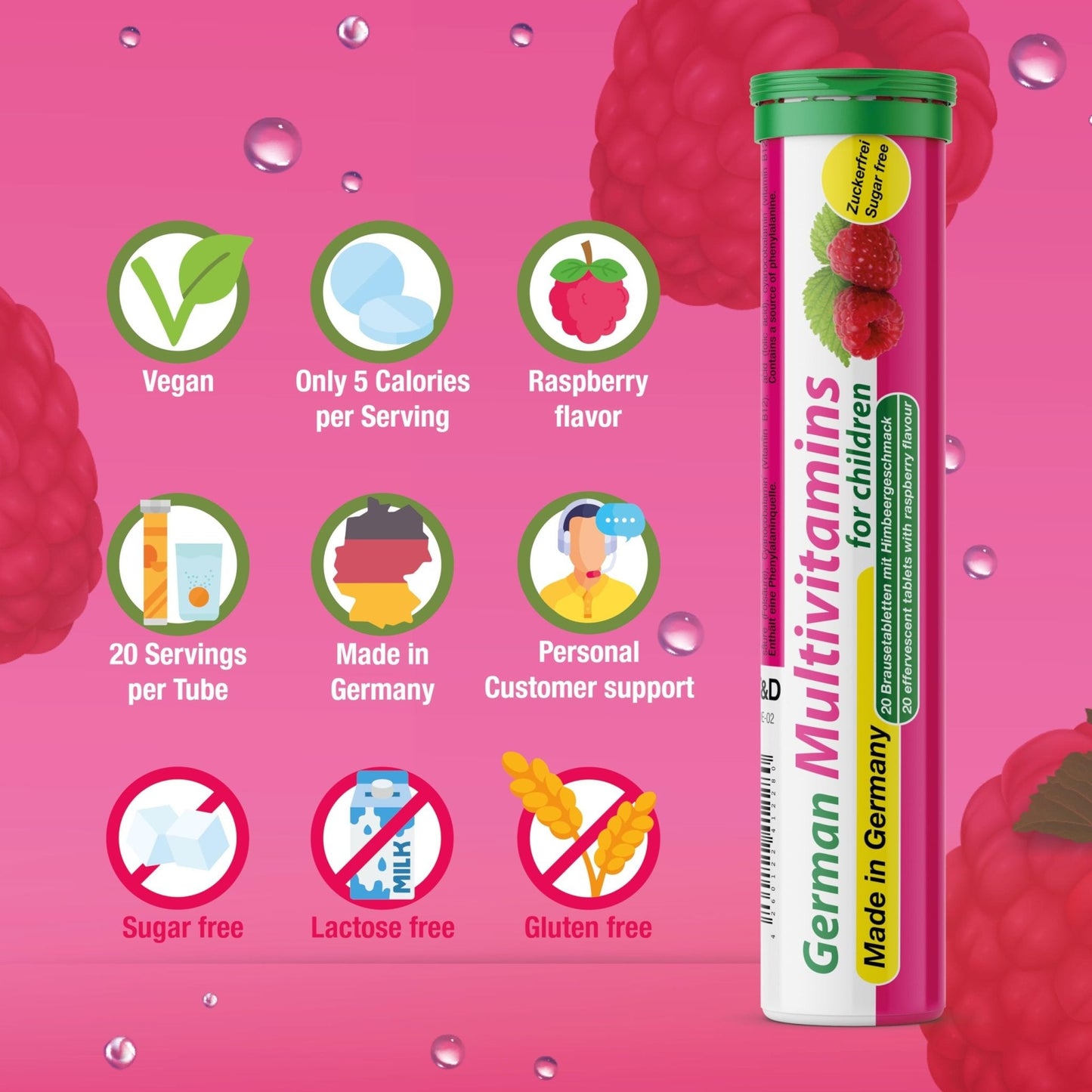 T&D German Multivitamin for Children 60 Drink Effervescent Tablets - Sweet Raspberry Flavour, Sugar Free, Vegan - Vitamin C, E, B1, B2, B6, B12 - Maple Wellness Supplements
