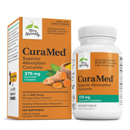 Terry Naturally CuraMed 375mg - Antioxidant Supplement for Brain & Immune Health Support - Dietary Supplement with Curcumin & Turmeric Essential Oil - Herbal Liver Support - 120 Softgels - Maple Wellness Supplements