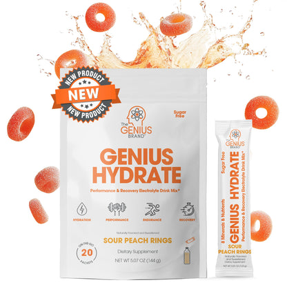 The Genius Brand Genius Hydrate - Electrolyte Supplement for Daily Hydration - Coconut Water - Sugar-Free - 8 Essential Minerals & Nutrients - Non-GMO - Sour Peach Rings - 20 Servings - Maple Wellness Supplements