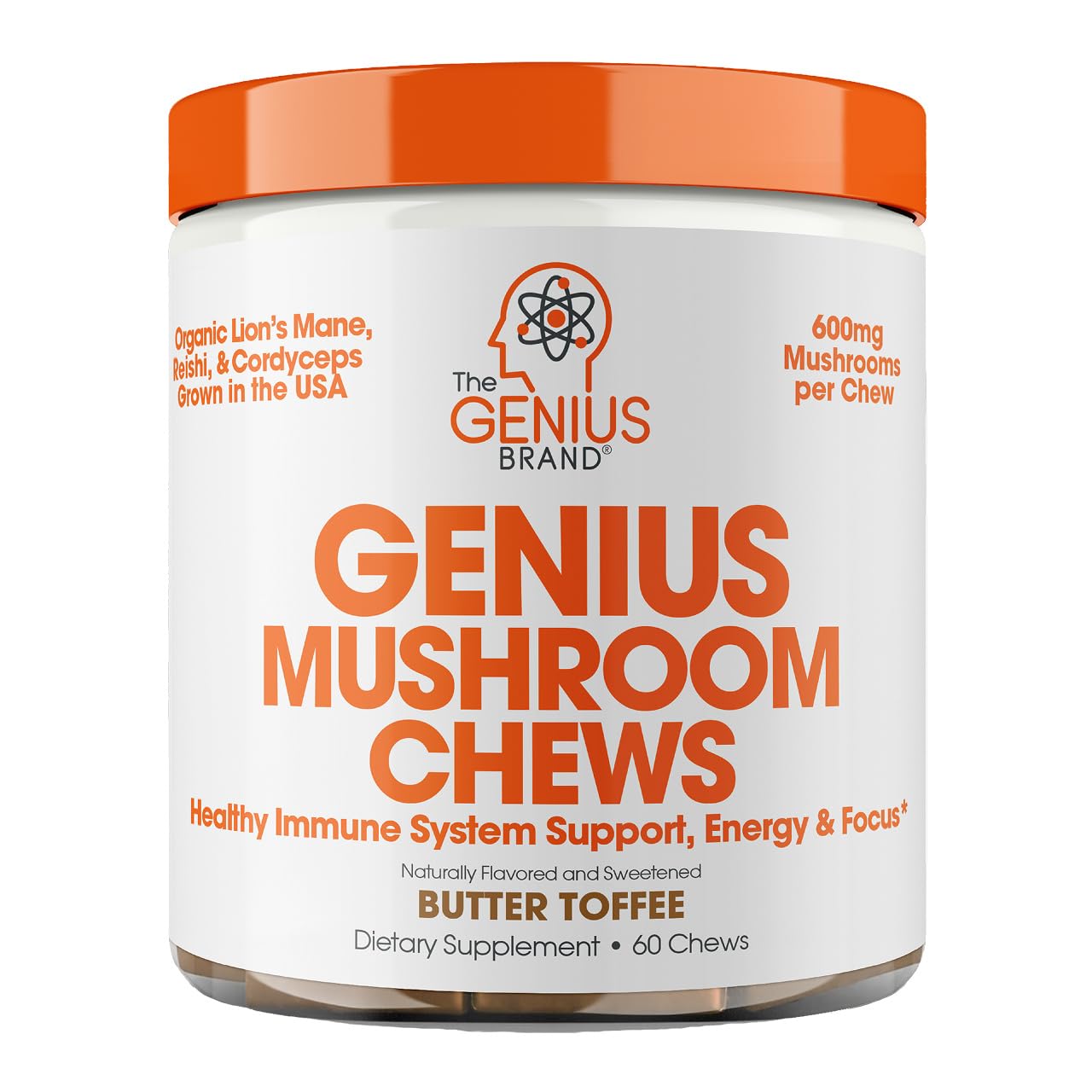 The Genius Brand Genius Mushroom - Plant-Based Supplement for Immune, Focus & Energy Support - Lion's Mane, Cordyceps & Reishi - Organic & Non-GMO - Butter Toffee - 60 Soft Chews - Maple Wellness Supplements