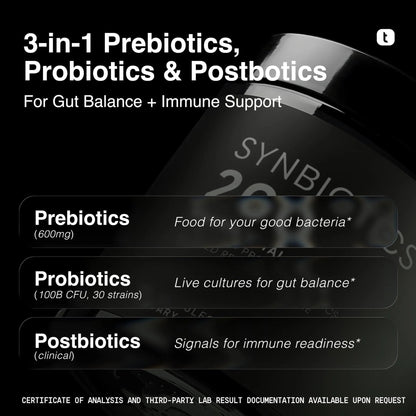 Toniiq Prebiotics and Probiotics – 200B TFU with Postbiotics IMMUSE® & ButyraGen® – 30 Strains – Shelf-Stable Synbiotic Formula – Third-Party Tested – 60 Capsules - Maple Wellness Supplements