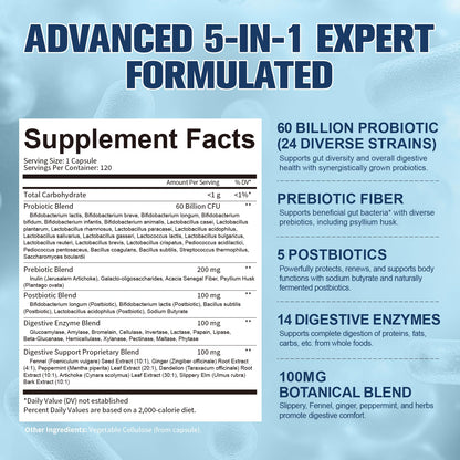 Totaria 5-in-1 Probiotic Prebiotic & Postbiotic for Women Men, 60 Billion CFU 24 Strains w/Digestive Enzymes, Prebiotic Fiber, Slippery Elm - Maple Wellness Supplements