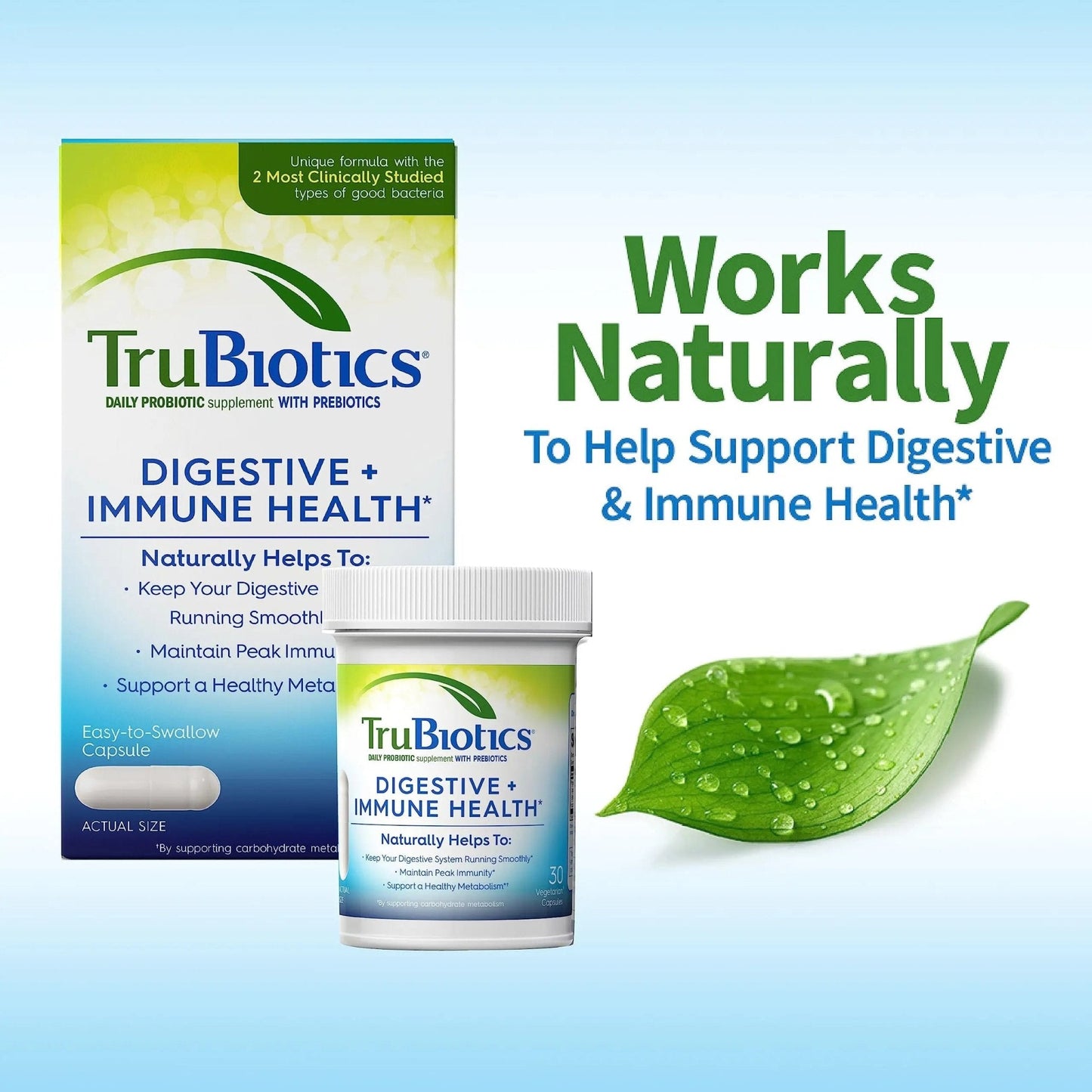 TruBiotics Probiotics for Digestive & Immune Health, Supports Regularity & Helps Relieve Abdominal Discomfort, Gas & Bloating, 2 Clinically Studied Probiotic Strains, Plus Prebiotics, 30 Capsules - Maple Wellness Supplements