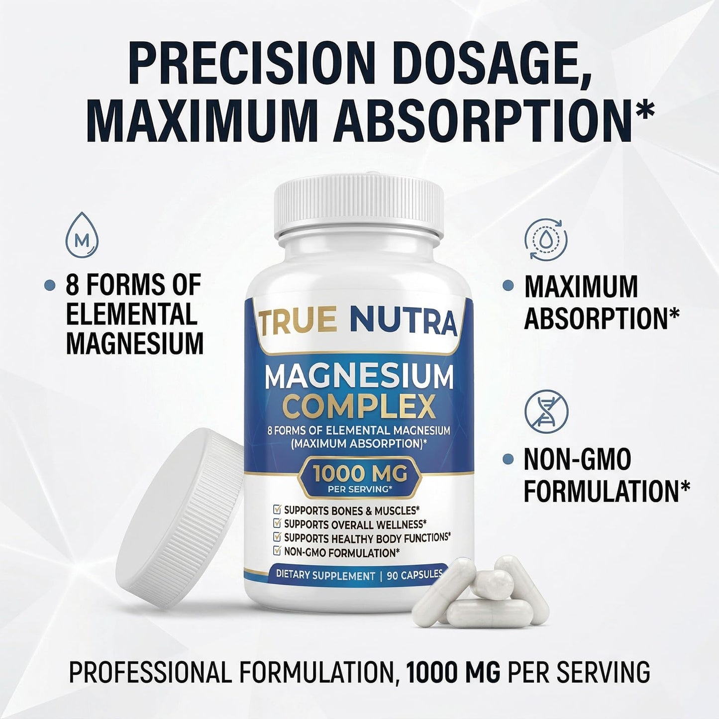 True nutra Magnesium Complex，Advanced 8-in-1 Magnesium Blend，Glycinate, Citrate, Malate, Taurate etc，High Formula，90 Capsules - Maple Wellness Supplements