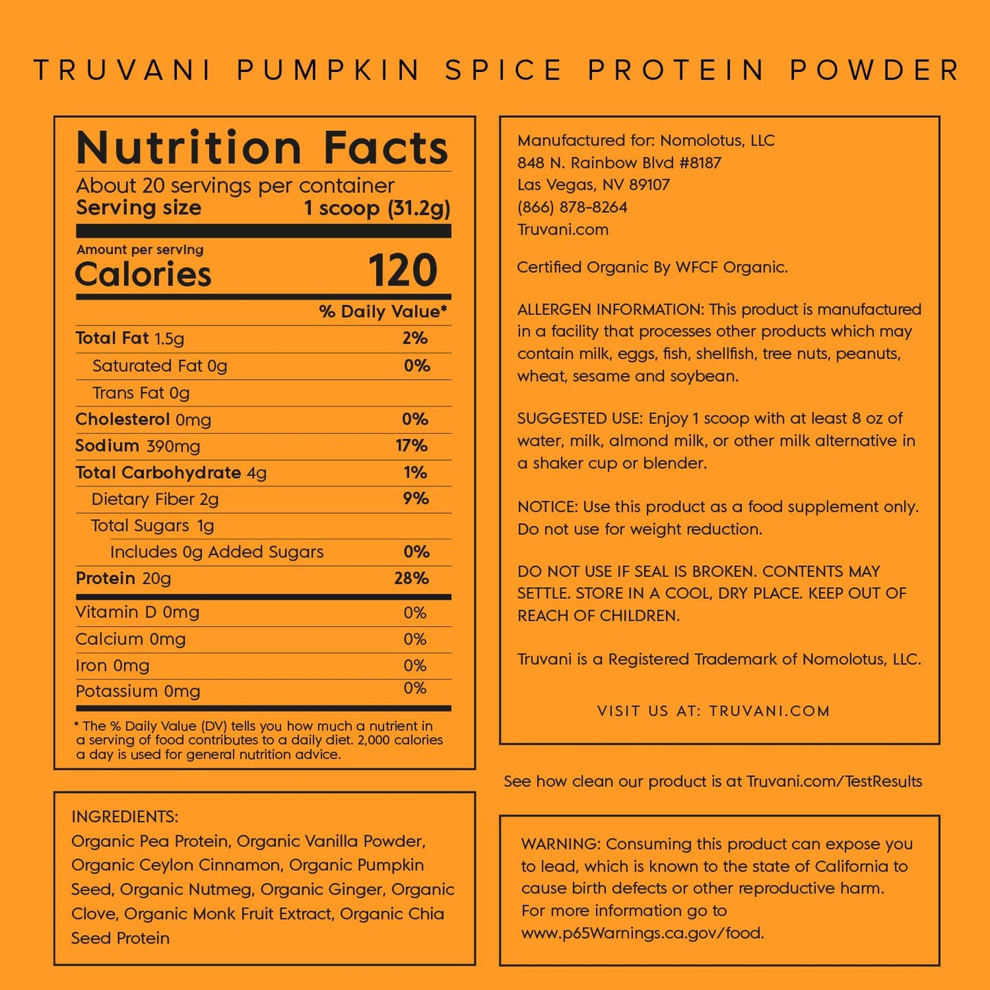 Truvani Organic Vegan Protein Powder Pumpkin Spice - 20g of Plant Based Protein - Maple Wellness Supplements