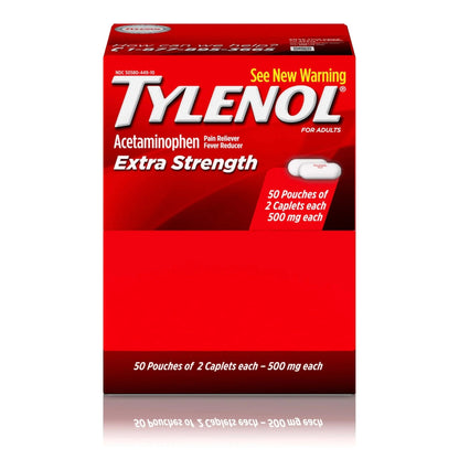 Tylenol Extra Strength Acetaminophen Caplets, 500 mg, Pain Relief & Fever Reducer for Headache, Backache, Toothache, Menstrual Cramps & Pain, Travel-Friendly Packaging, 2-Caplet Pouches, 50 Count - Maple Wellness Supplements