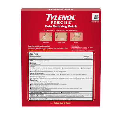Tylenol Precise Pain Relieving Patches, Large Topical Analgesic Patches + Maximum OTC Strength Lidocaine Penetrates, Targeted Relief Ideal for Shoulder, Back & Knee Pain, Unscented, 4 ct - Maple Wellness Supplements