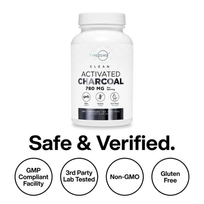 Type Zero Activated Charcoal Capsules (180 Count) - 60 Servings, 780mg Per Serving, from Coconut Shell, Non-GMO, Gluten-Free - Maple Wellness Supplements