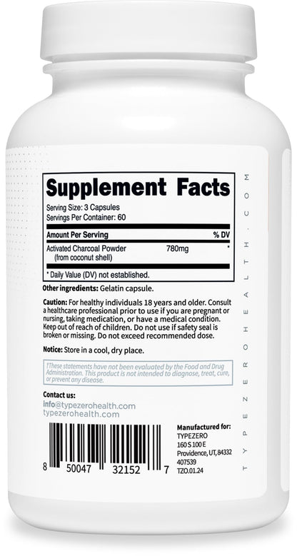 Type Zero Activated Charcoal Capsules (180 Count) - 60 Servings, 780mg Per Serving, from Coconut Shell, Non-GMO, Gluten-Free - Maple Wellness Supplements
