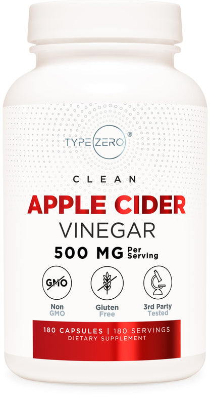 Type Zero Apple Cider Vinegar Capsules (180 Count) 500mg Per Serving - Non-GMO, Gluten-Free Supplement - Maple Wellness Supplements