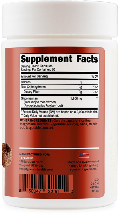 Type Zero Clean Glucomannan Konjac Root Extract (90 Capsules)(1,800 MG Per Serving) - 30 Servings, Non-GMO, Gluten Free - Maple Wellness Supplements