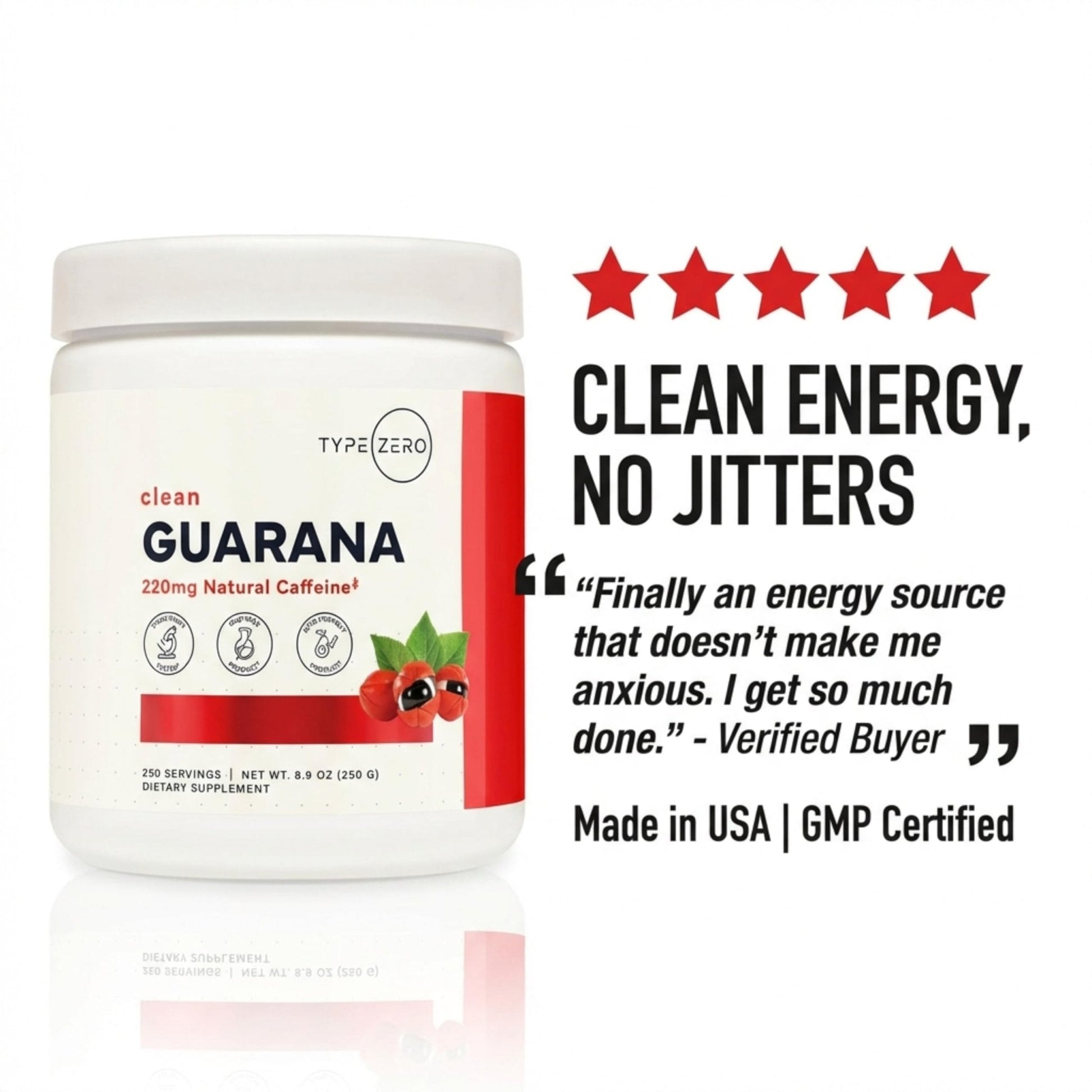 Type Zero Clean Guarana Powder Drink Mix (250 Servings, Unflavored) - 220 MG Caffeine Per Serving, Natural Caffeine, Non GMO, Gluten Free - Maple Wellness Supplements