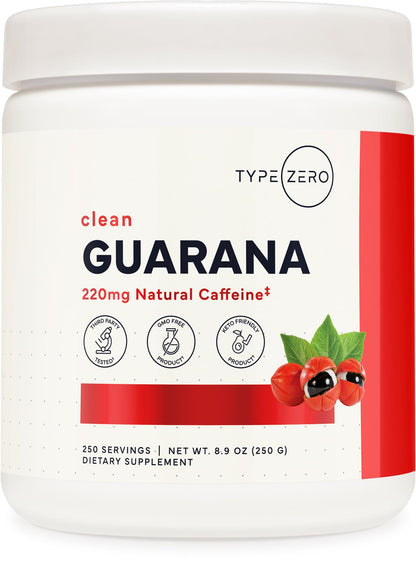 Type Zero Clean Guarana Powder Drink Mix (250 Servings, Unflavored) - 220 MG Caffeine Per Serving, Natural Caffeine, Non GMO, Gluten Free - Maple Wellness Supplements