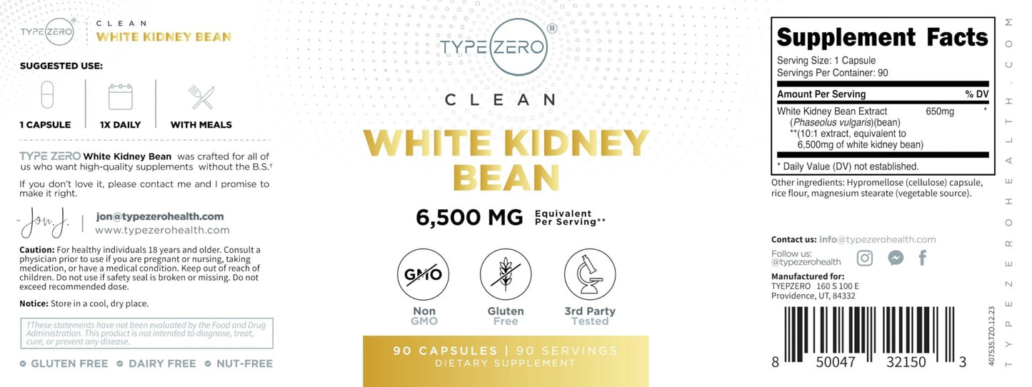 Type Zero Clean White Kidney Bean Capsules (6,500 MG Equivalent Per Serving, 90 Count) - Non-GMO, Gluten Free - Maple Wellness Supplements