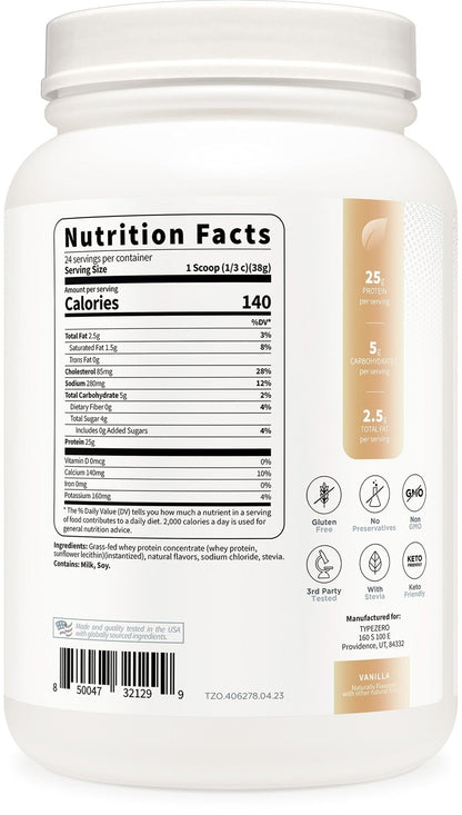 Type Zero Grass Fed Whey Protein Concentrate Powder (Vanilla, 2LBS) - Gluten Free - Maple Wellness Supplements