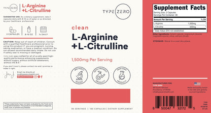Type Zero L-Arginine + L-Citrulline Supplement (1500mg) - Nitric Oxide Booster - Clean, Keto-Friendly, GMO-Free, 180 Capsules, 90 Servings - Maple Wellness Supplements