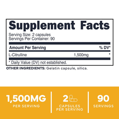 Type Zero L-Citrulline Capsules (180 Capsules) (1500 mg per Serving) - GMO-Free - Maple Wellness Supplements