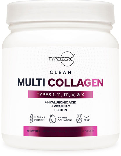 Type Zero Multi Collagen Powder 30 Servings (Unflavored) - Types I, II, III, V, & X Collagen Peptides + Hyaluronic Acid, VIT C, Biotin - Maple Wellness Supplements