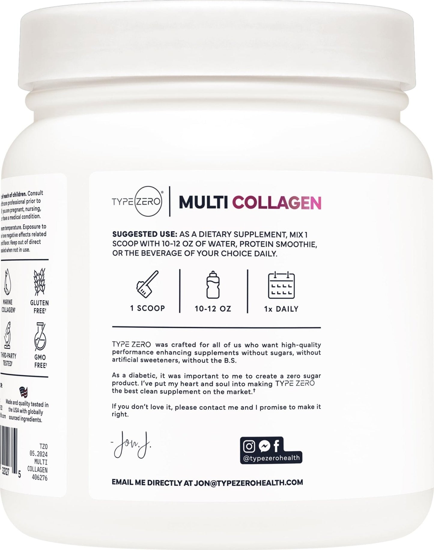 Type Zero Multi Collagen Powder 30 Servings (Unflavored) - Types I, II, III, V, & X Collagen Peptides + Hyaluronic Acid, VIT C, Biotin - Maple Wellness Supplements