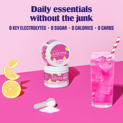 Ultima Replenisher Daily Electrolyte Powder Drink Mix – Pink Lemonade, 30 Servings Canister – Zero Sugar Hydration Powder with 6 Electrolytes & Minerals - Maple Wellness Supplements