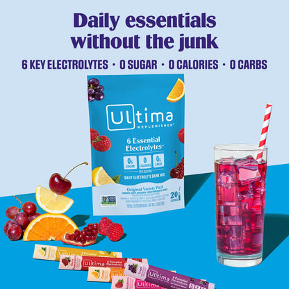 Ultima Replenisher Daily Electrolyte Powder – Original Variety Pack, 20 Stickpacks – Zero Sugar Hydration Packets with 6 Electrolytes and Minerals – Sugar Free - Maple Wellness Supplements