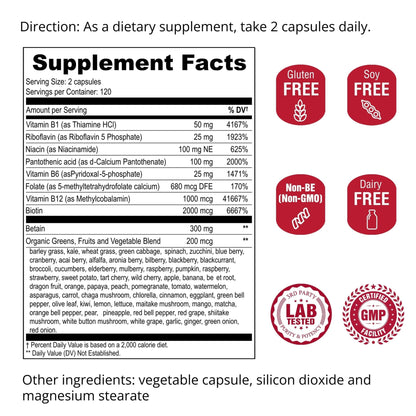 UpNourish Methylated B Complex Vitamins for Women and Men, 240 Veggies Capsules - Active Pure B Complex with Organic Fruits, Vegetables, B1 Thiamine, B2 Riboflavin, - Maple Wellness Supplements