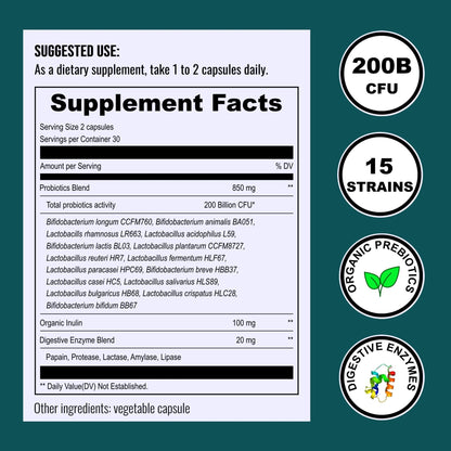 UpNourish Probiotics - 200 Billion CFUs for Men and Women, 15 Clinically Studied Strains, Prebiotics & Enzymes - 60 Vegan Capsules - Maple Wellness Supplements
