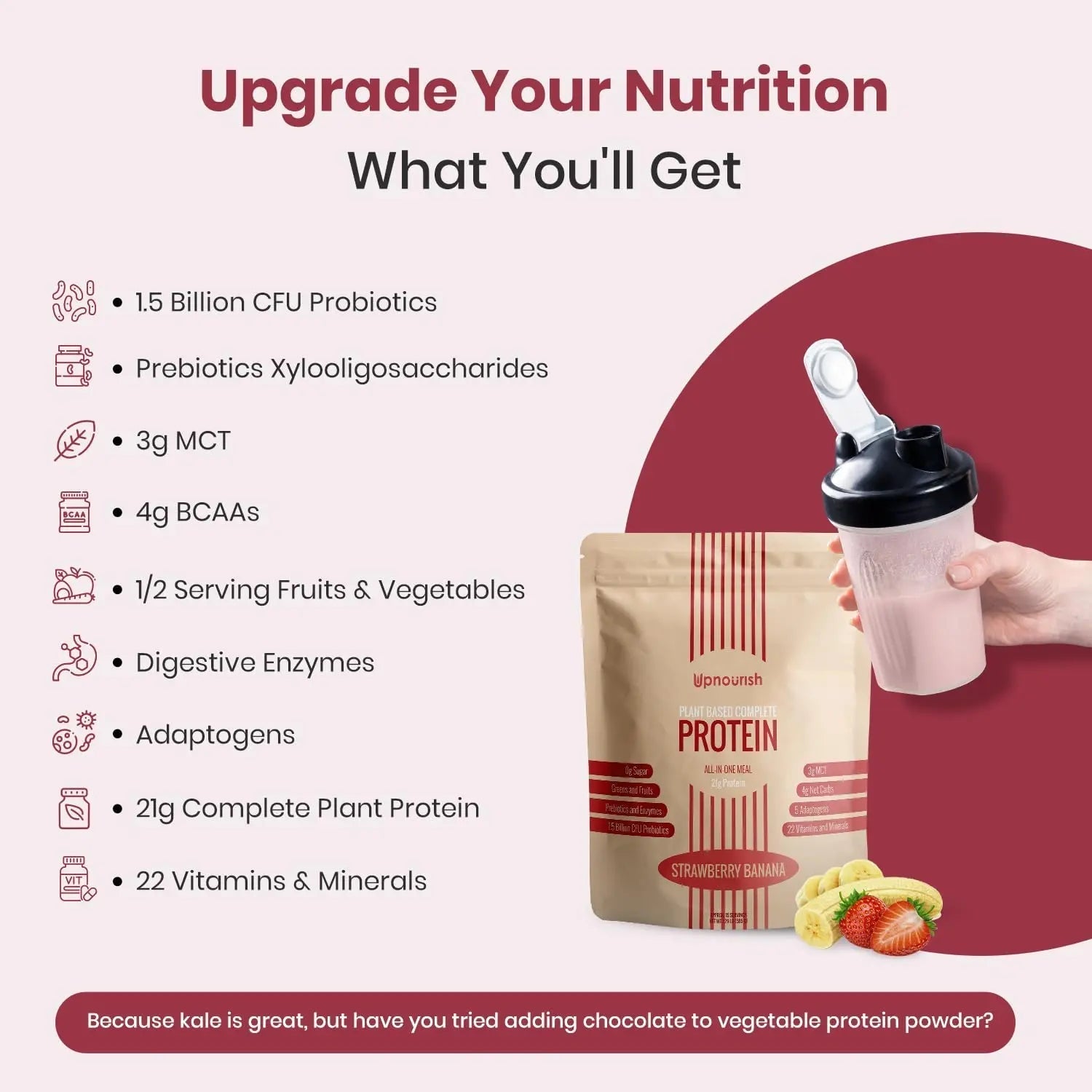 UpNourish Strawberry Banana Vegan Protein Powder 54 Superfoods Powder,1.5 Billion CFU Probiotics 21g Plant Based Protein,No Sugar No Dairy No GMO Dairy Free,Meal Replacement Shake Keto-Friendly Low-Carb Diet,15 Servings - Maple Wellness Supplements