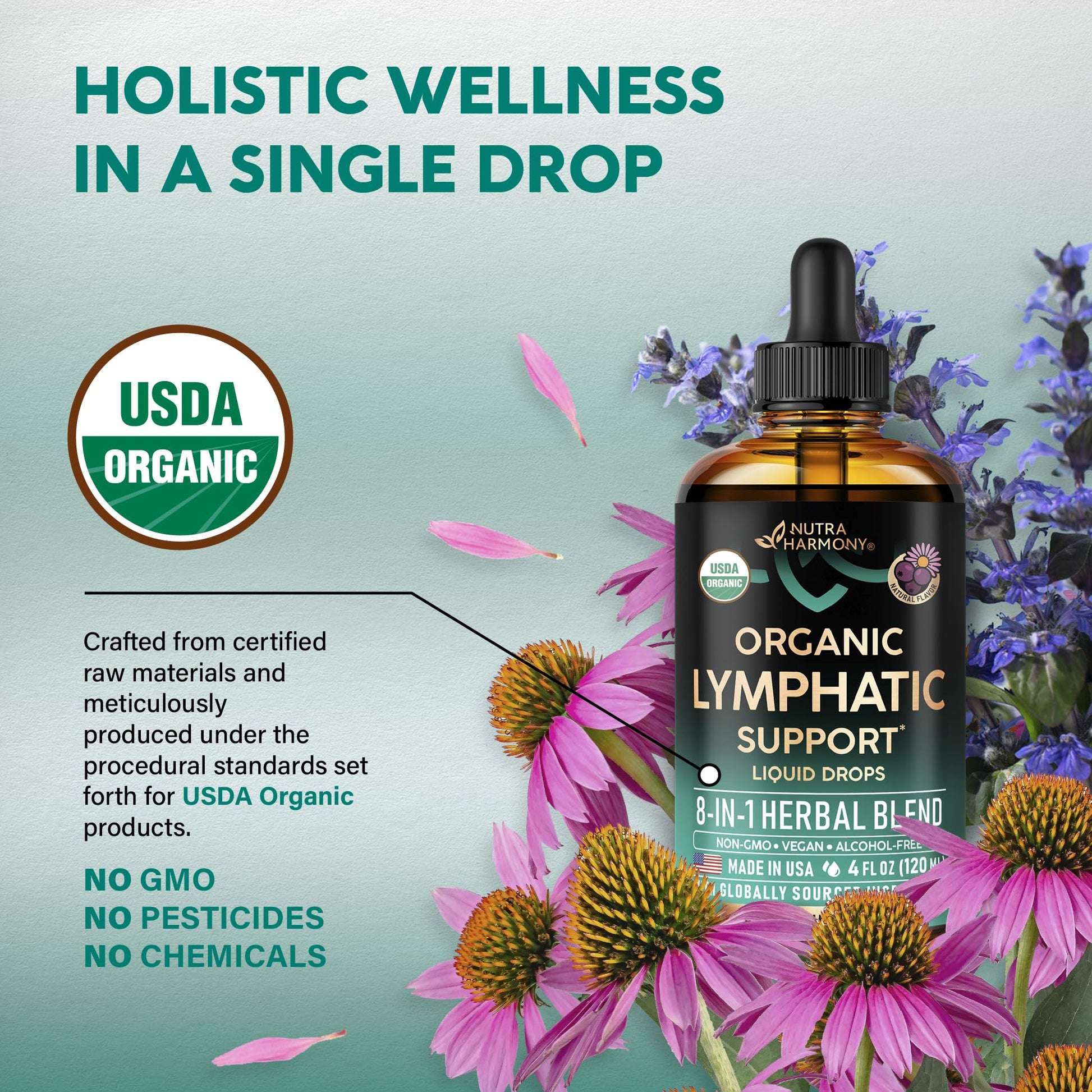 USDA Organic Lymphatic Drainage Supplement - Echinacea | Elderberry | Dandelion | Rosehip | Cleavers | Calendula | Burdock - Made in USA - Lymph System Drops - Maple Wellness Supplements