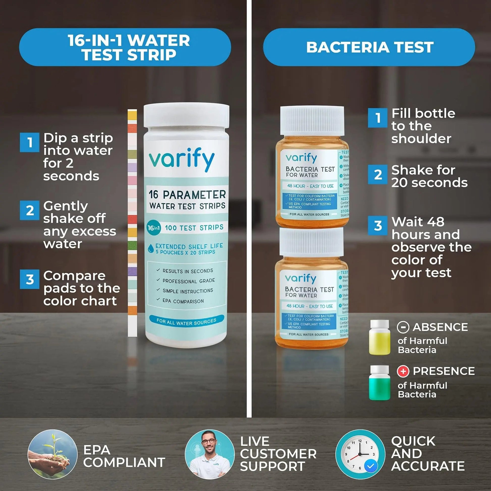 Varify 17in1 Complete Drinking Water Test Kit - 100 Strips + 2 Bacteria Tester Kits - Well, Tap, Home, City Water Testing Strip for Lead, Alkaline, Chlorine, Hardness, Iron, Fluoride, Copper & More - Maple Wellness Supplements