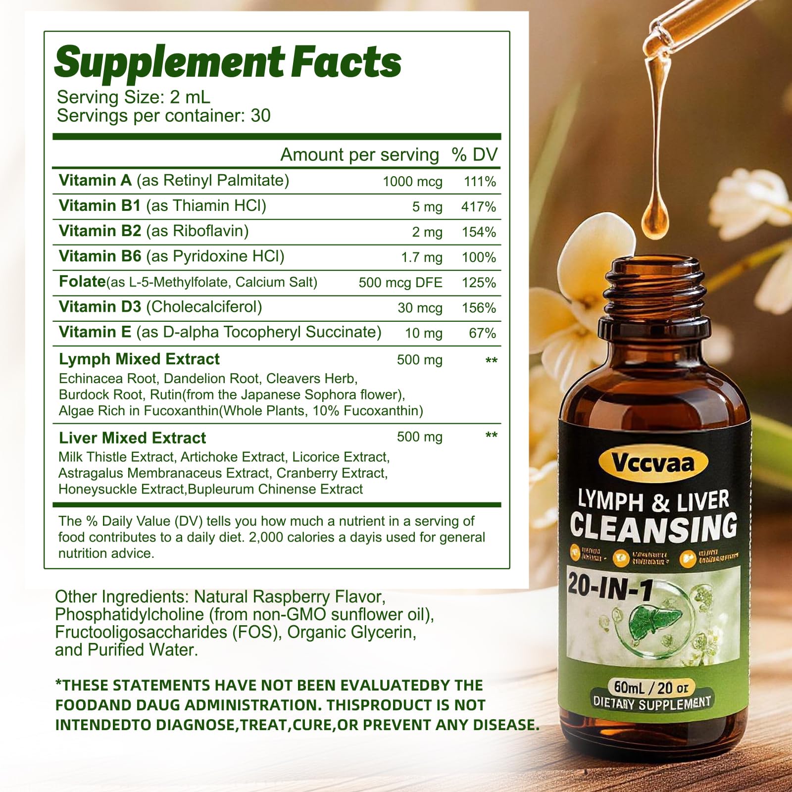 Vccvaa Lymph & Liver Cleanse - 20-in-1 Lymphatic Drainage & Liver Detox Supplement with Milk Thistle, Echinacea, Fucoxanthin - 60mL Liquid Formula for Immune & Digestive Support - Maple Wellness Supplements