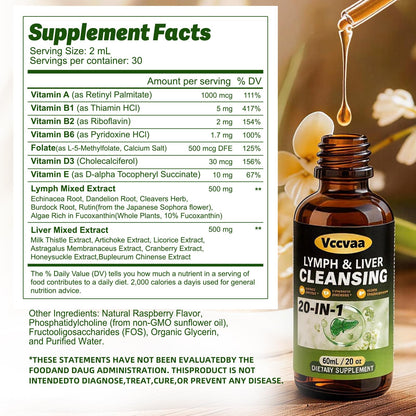 Vccvaa Lymph & Liver Cleanse - 20-in-1 Lymphatic Drainage & Liver Detox Supplement with Milk Thistle, Echinacea, Fucoxanthin - 60mL Liquid Formula for Immune & Digestive Support - Maple Wellness Supplements