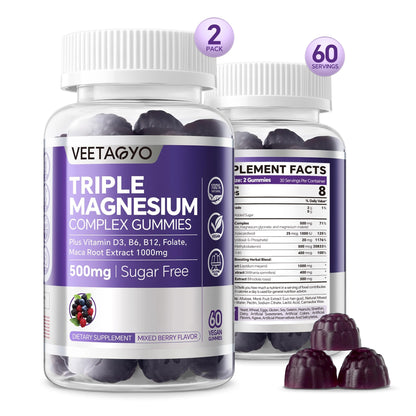 VEETAGYO Magnesium Gummies 500mg 400mg | High Absorption, Bone, Nerves, Muscle | 3 Forms of Magnesium Complex Supplement Glycinate,Taurate,Malate - Maple Wellness Supplements