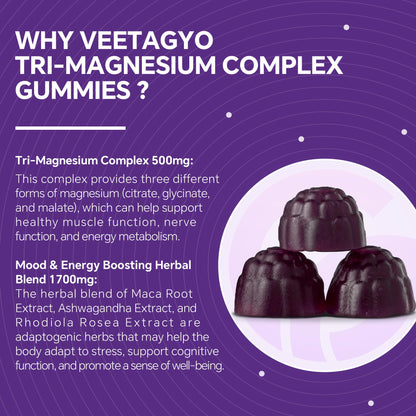 VEETAGYO Magnesium Gummies 500mg 400mg | High Absorption, Bone, Nerves, Muscle | 3 Forms of Magnesium Complex Supplement Glycinate,Taurate,Malate - Maple Wellness Supplements