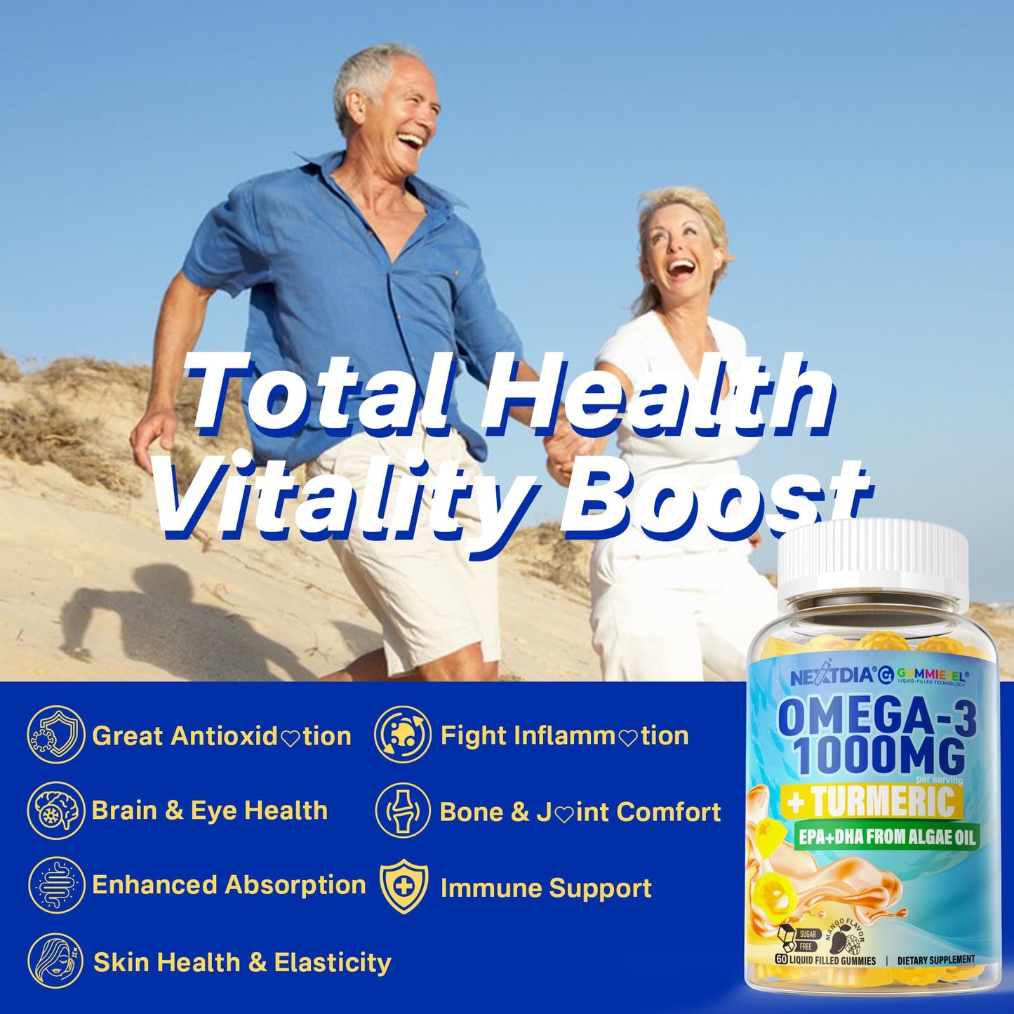 Vegan Omega-3 Gummies 1000mg + Turmeric - Omega 3 Fish Oil Alternative for Adults - Algae DHA 600mg & EPA 300mg - Maple Wellness Supplements