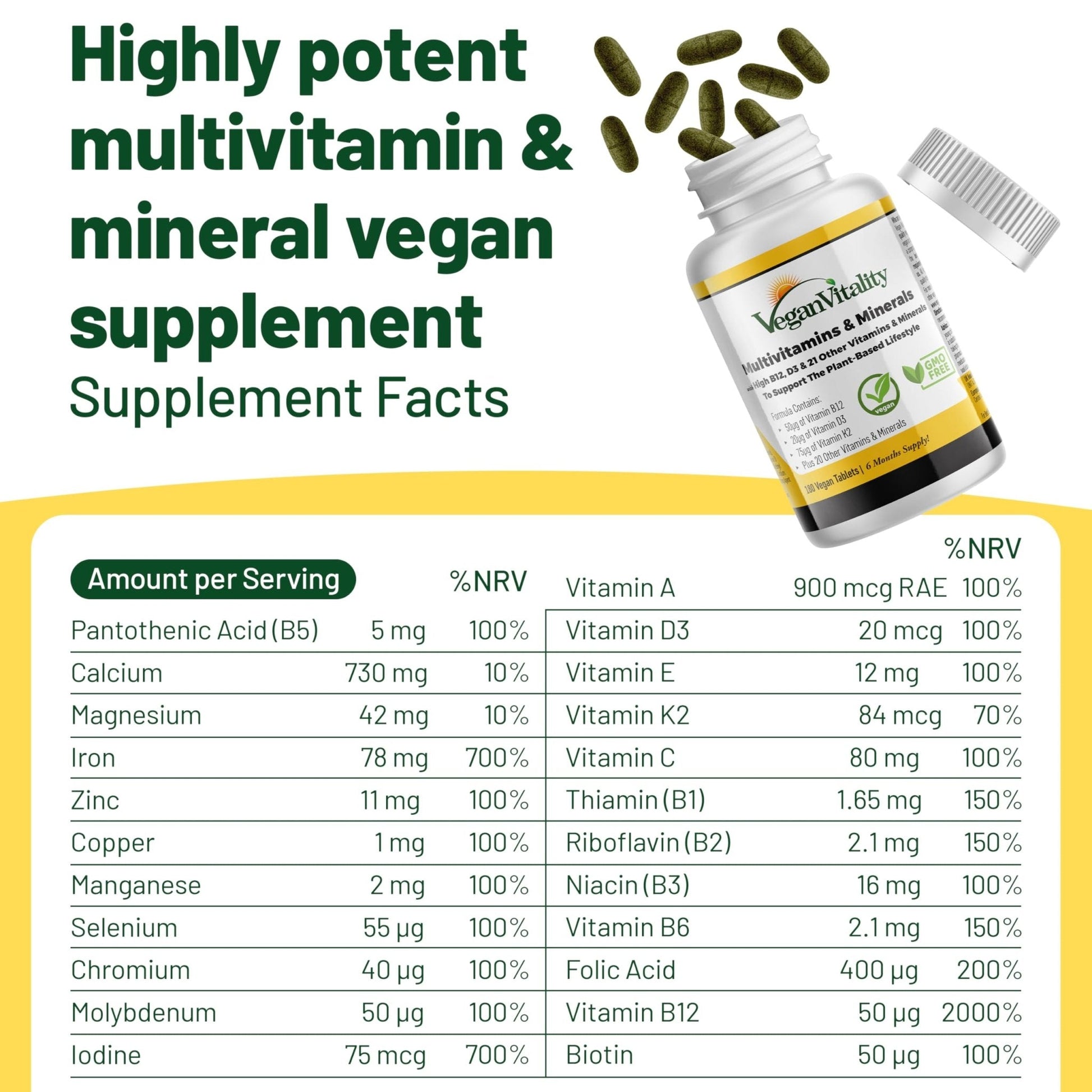 Vegan Vitality Multivitamins & Minerals for Women and Men with High Strength Vitamin B12, D3 & K2. 180 Vegan Multivitamin Tablets - 6 Months Supply - Maple Wellness Supplements