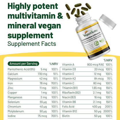 Vegan Vitality Multivitamins & Minerals for Women and Men with High Strength Vitamin B12, D3 & K2. 180 Vegan Multivitamin Tablets - 6 Months Supply - Maple Wellness Supplements