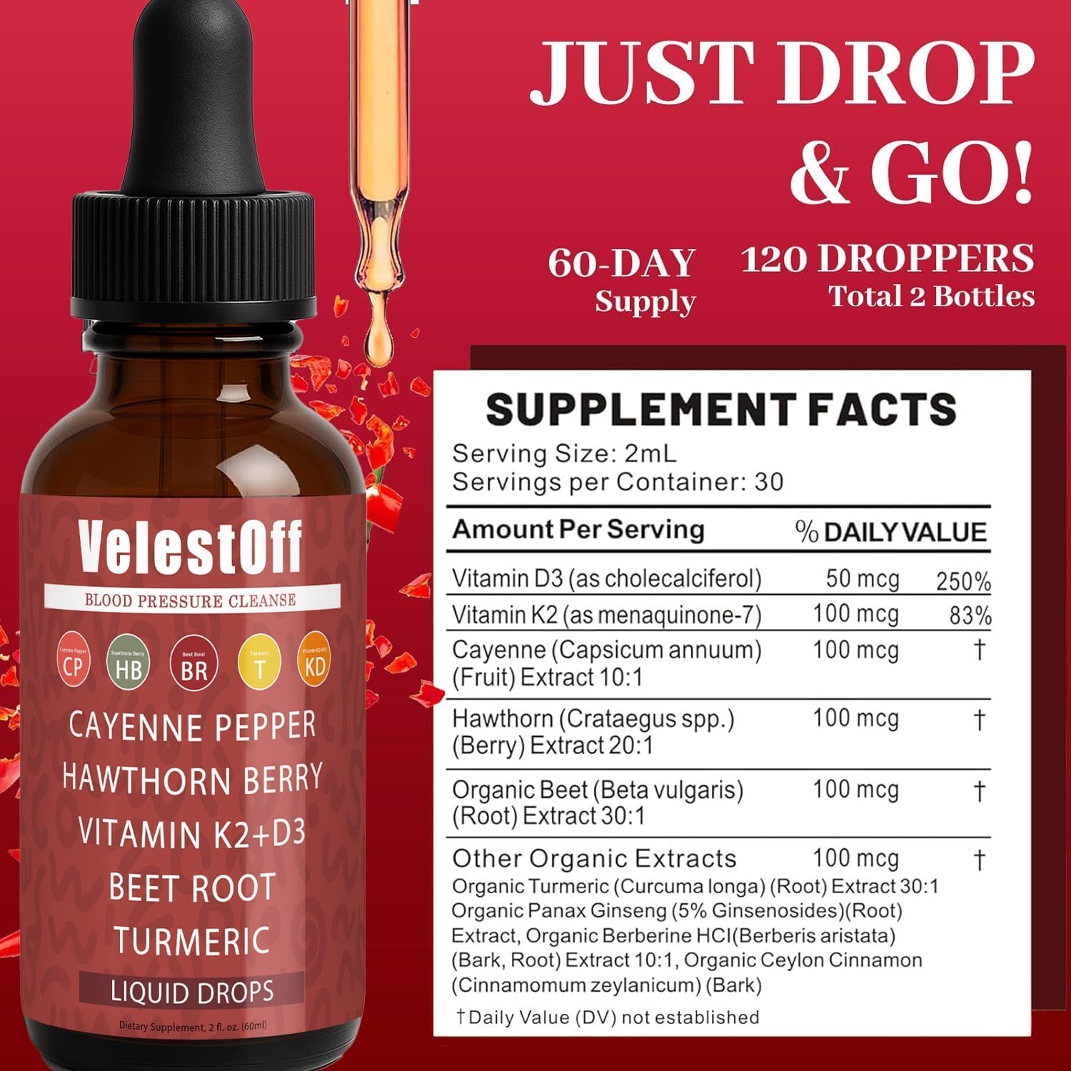 Velestoff Cayenne Pepper | Cayenne Heart & Circulation Blend – Botanical Extracts with Hawthorn, Beet Root, Turmeric, Vitamin K2 & D3 – Daily Wellness Drops (2 fl oz) (1) - Maple Wellness Supplements