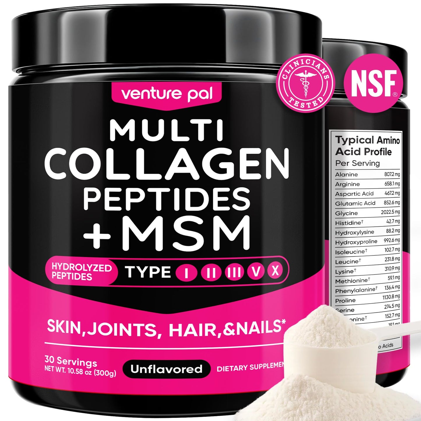 Venture Pal Multi Collagen Powder Type I, II, III, V, X – Hydrolyzed Collagen Peptides MSM, GC, Hyaluronic Acid Vitamin C | Collagen Supplement for Women - Maple Wellness Supplements