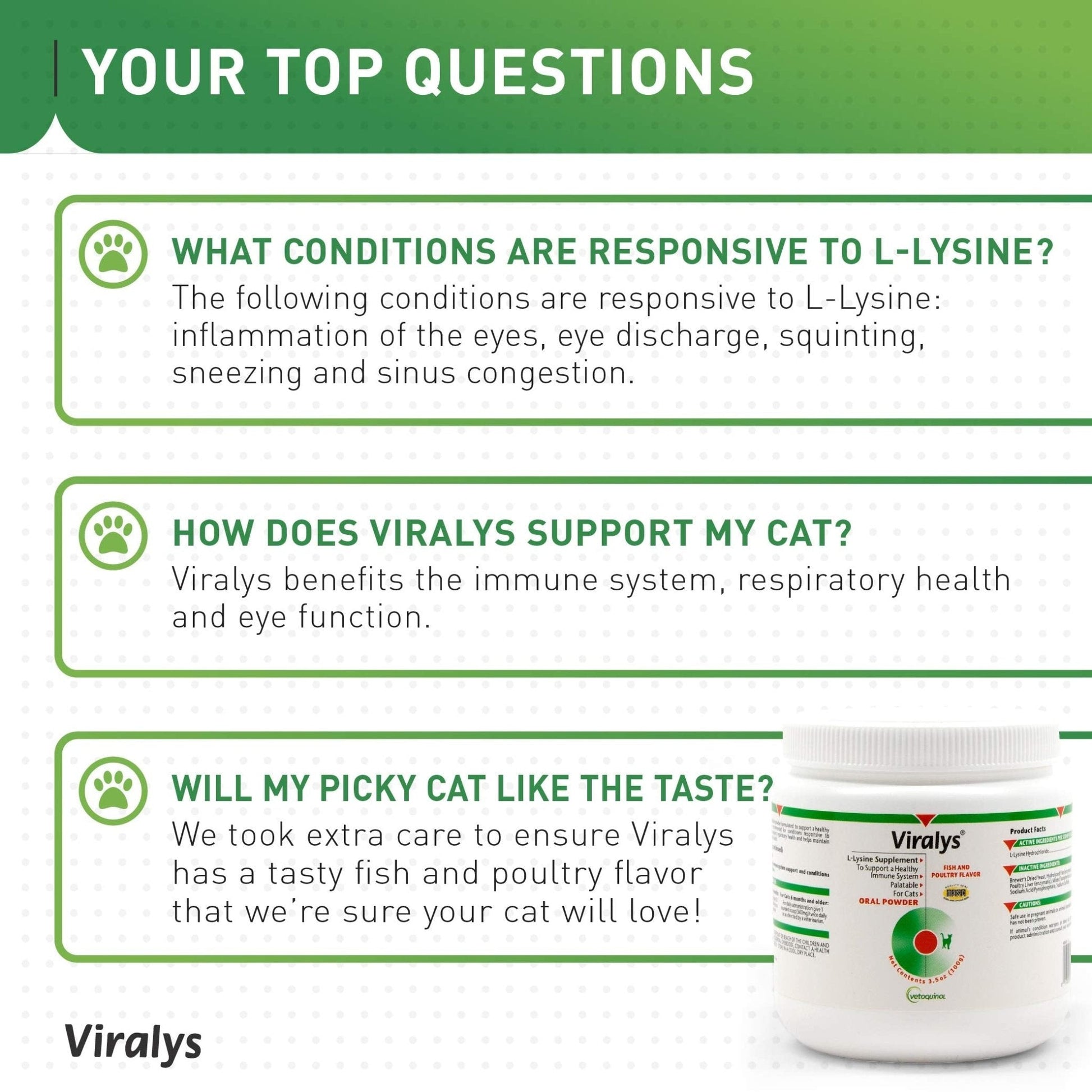 Vetoquinol Viralys Daily L-Lysine Powder for Cats and Kittens, Fish Flavored Lysine Supplement for Cats and Kittens to Support Immune Health - Maple Wellness Supplements