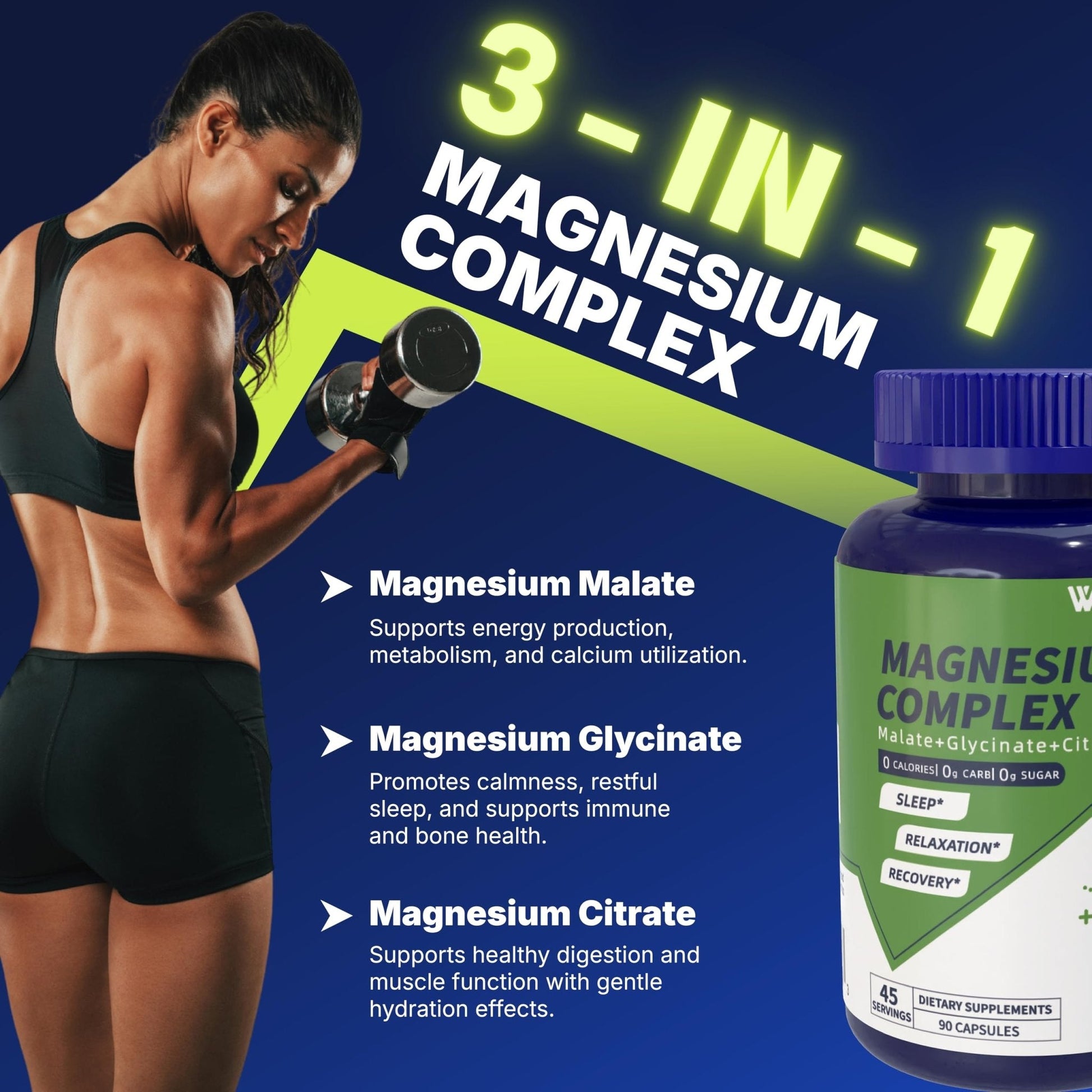 Vicwell Triple Magnesium Complex - 300mg Magnesium from Malate, Glycinate, and Citrate - Supports Stress Relief & Sleep, Nerves & Metabolism, Muscle Relaxation & Bone Health - 90 Capsules(1 Bottle) - Maple Wellness Supplements