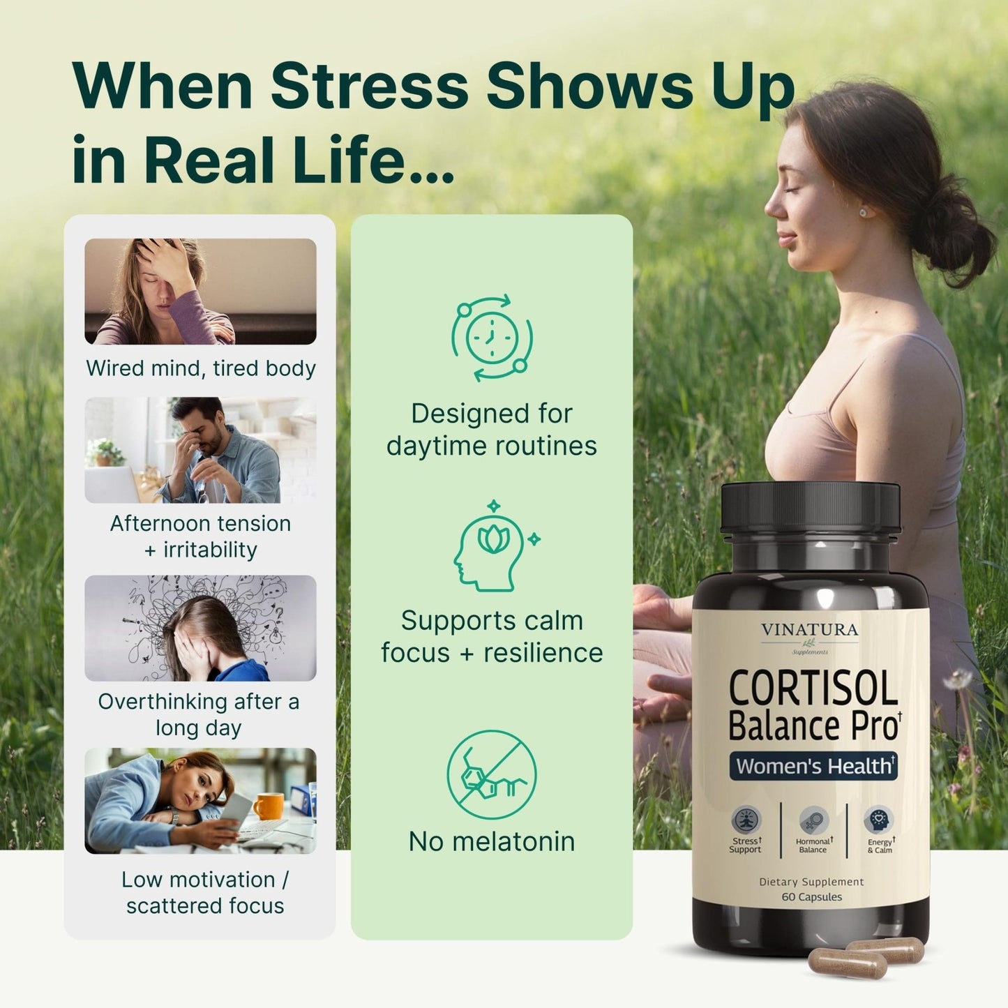 VINATURA Cortisol Supplements for Women - Cortisol Detox and Management - Adrenal Support, Stress Support, 60 Vegan Capsules - Maple Wellness Supplements