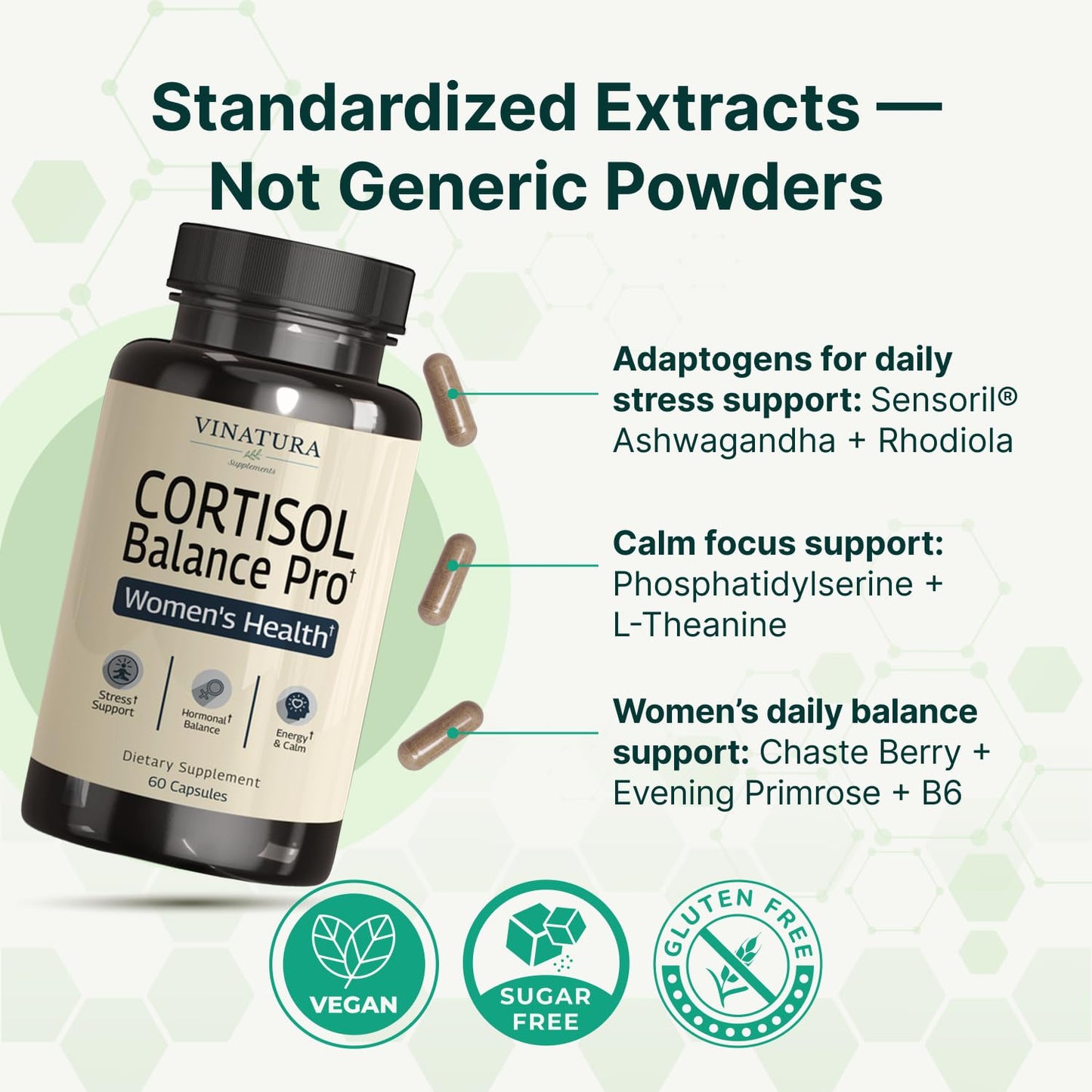 VINATURA Cortisol Supplements for Women - Cortisol Detox and Management - Adrenal Support, Stress Support, 60 Vegan Capsules - Maple Wellness Supplements