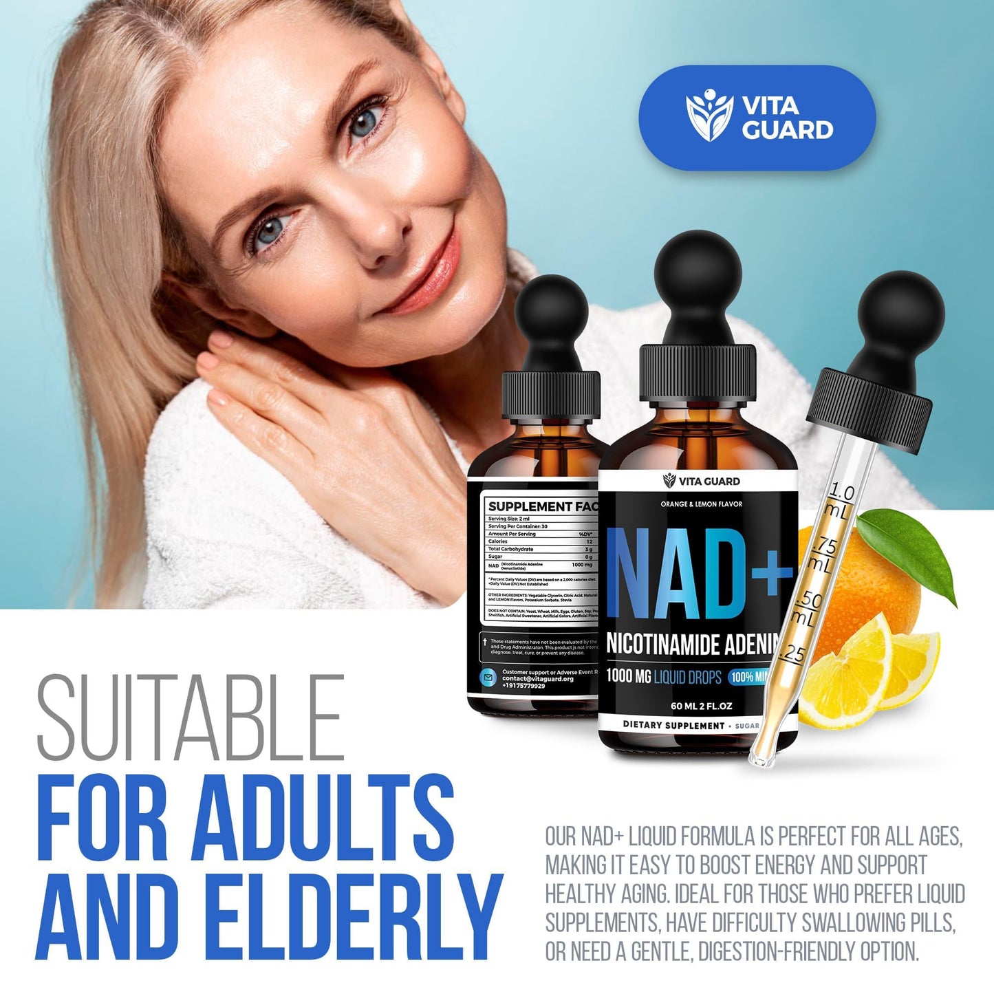 Vita Guard Pure NAD+ Supplements 1000mg Liquid Drops for Women & Man | Nicotinamide Adenine Similar to Nicotinamide Riboside NAD Plus Boosting Supplement - Natural Lemon & Orange Flavor - Maple Wellness Supplements